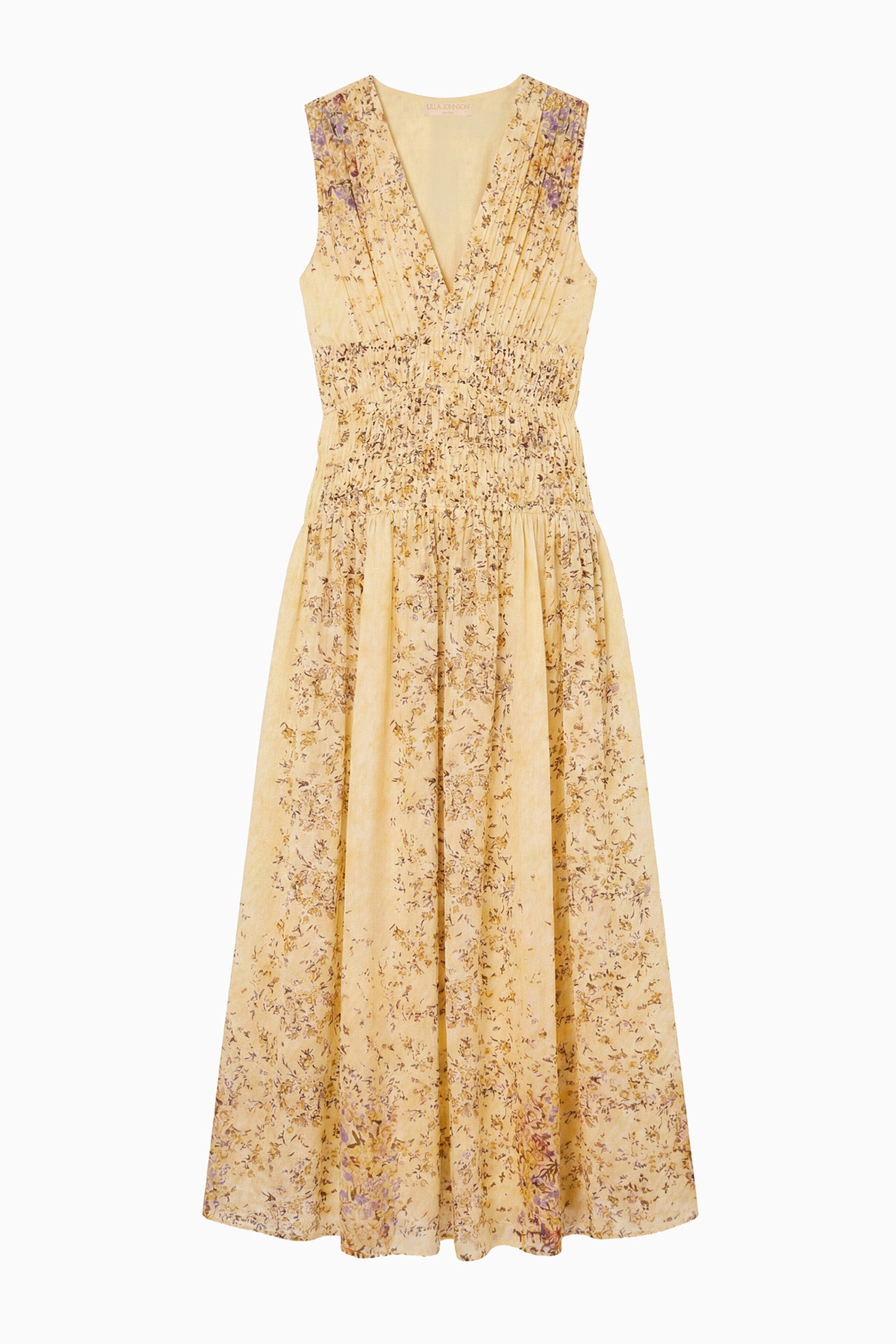 Ulla Johnson Forsythia Yellow Floral Silk Jacquard Designer Midi Dress - Flat Lay | Ulla Johnson