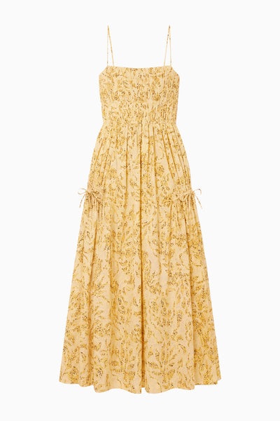 Chamomile Floral Print Designer Cotton Midi Dress - Flat Lay, Smocked Bodice | Ulla Johnson