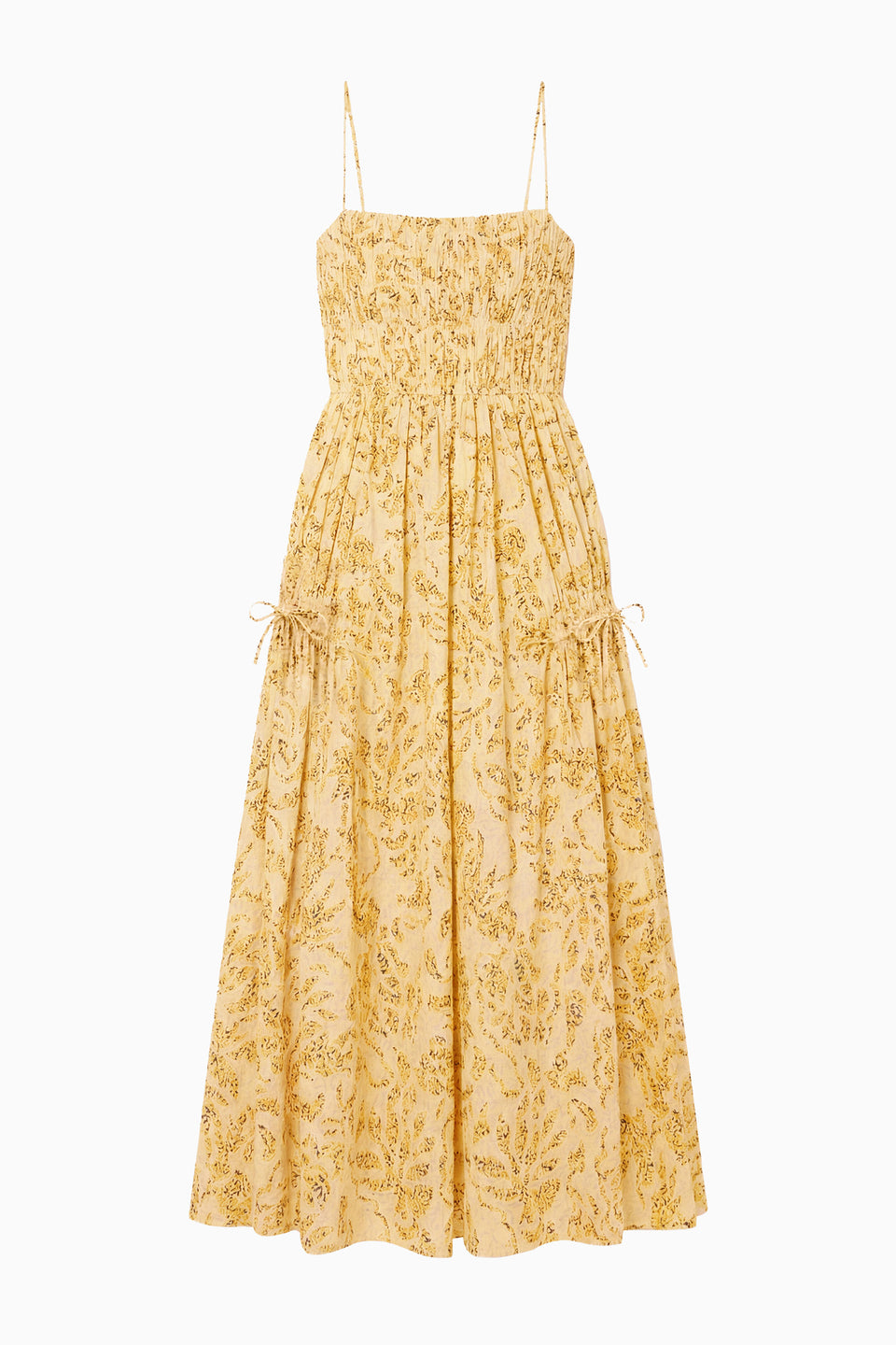 Chamomile Floral Print Designer Cotton Midi Dress - Flat Lay, Smocked Bodice | Ulla Johnson