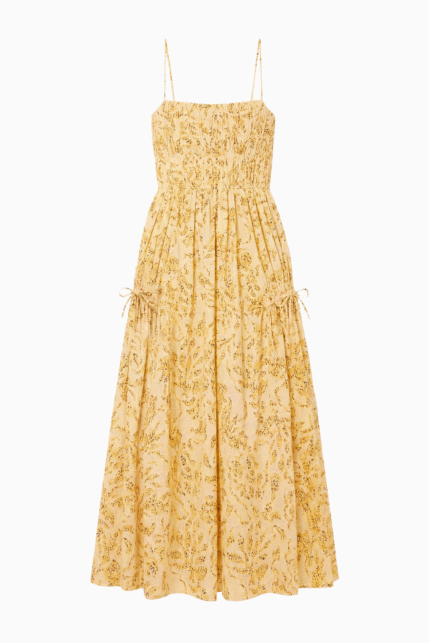 Ulla Johnson Chamomile Floral Print Designer Cotton Midi Dress - Flat Lay, Smocked Bodice | Ulla Johnson