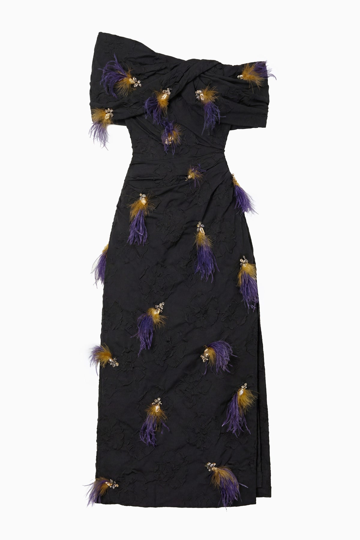 Noir Luxury Off-the-Shoulder Cloqué Midi Dress with Feather and Crystal Embellishment - Flat Lay | Ulla Johnson