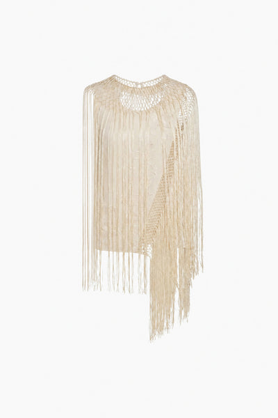 Creme Silk Fringe Top - Flat Lay, Asymmetric Macramé Cape Silhouette | Ulla Johnson