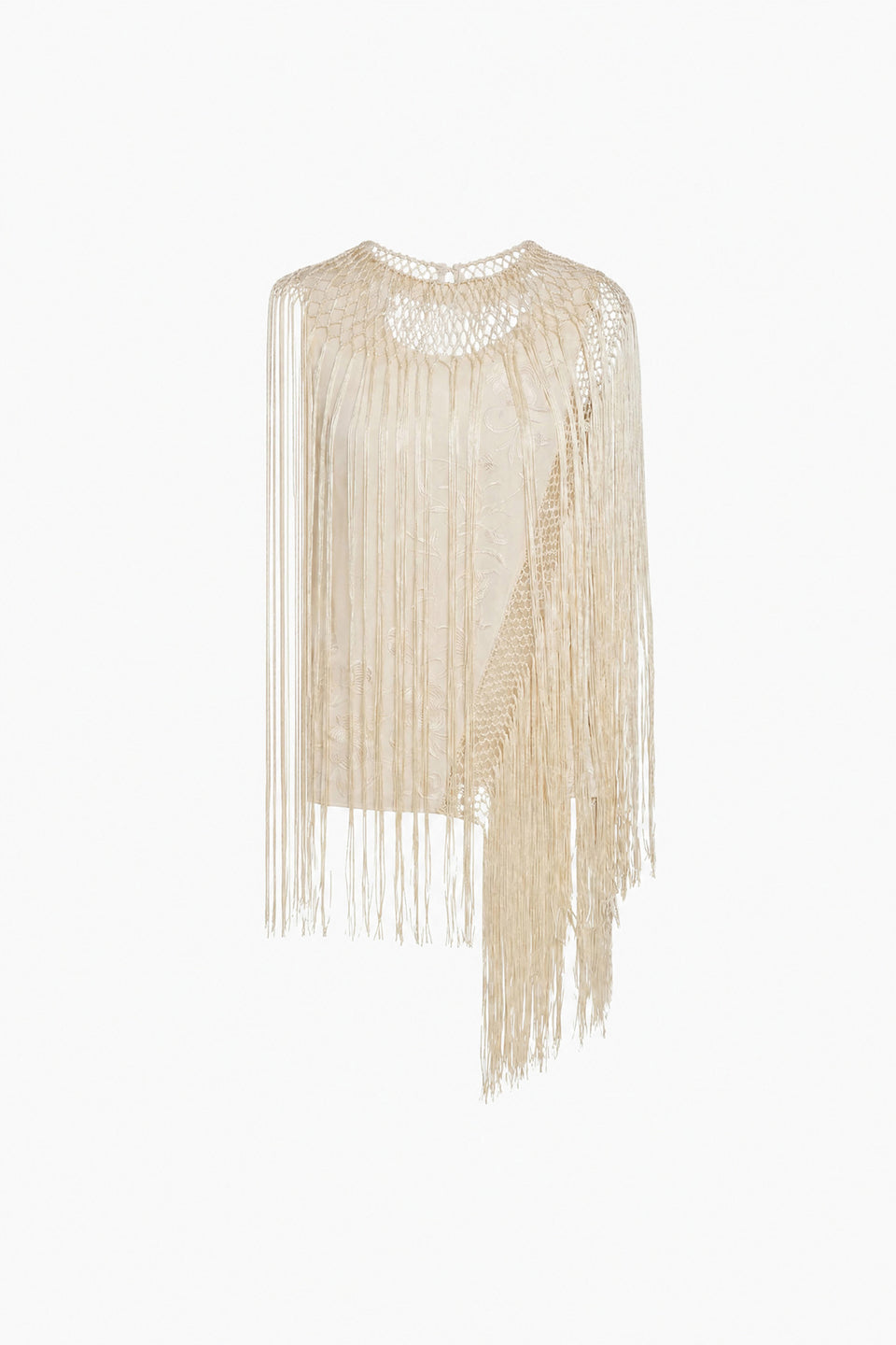 Creme Silk Fringe Top - Flat Lay, Asymmetric Macramé Cape Silhouette | Ulla Johnson