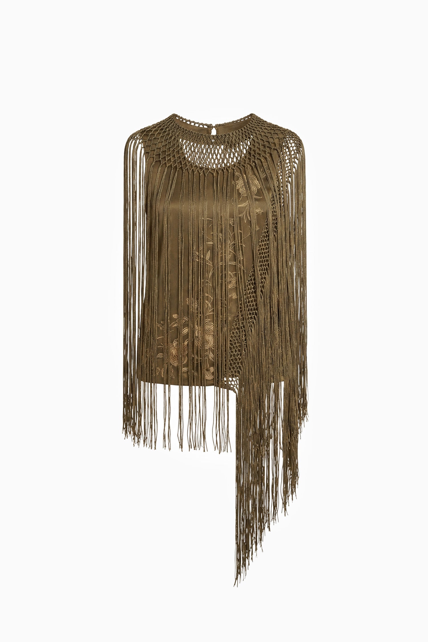 Ulla Johnson ⁣⁢Haut en soie à franges Malachite de créateur - Vue à plat, silhouette de cape asymétrique à franges | Ulla Johnson⁤⁣