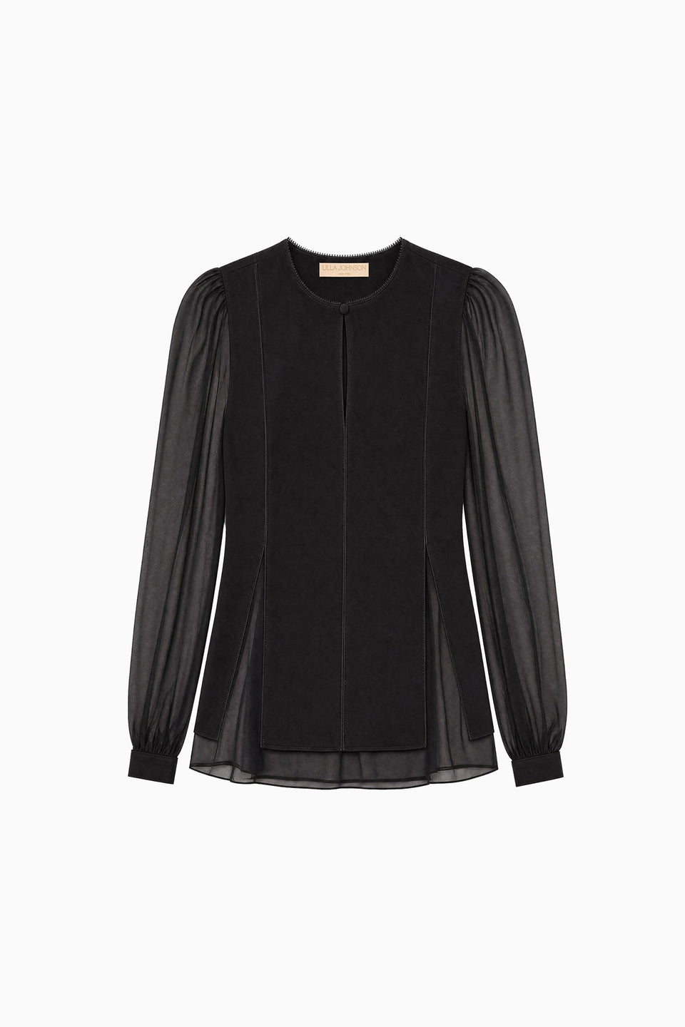 Black Chiffon Crepe Long Sleeve Blouse, Split Neckline - Flat Lay | Ulla Johnson