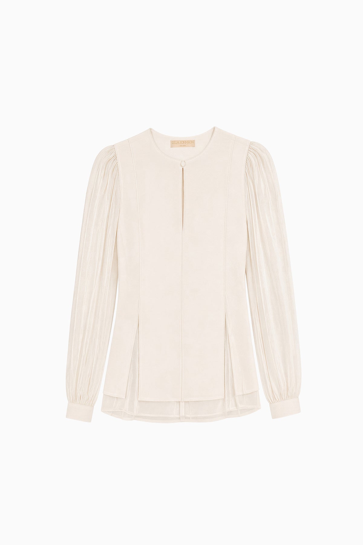 ⁣⁢Pearled Ivory Viscose Chiffon Blouse - Flat Lay, Transparante Mouwen | Ulla Johnson⁤⁣