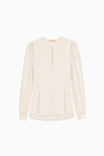 ⁣⁢Pearled Ivory Viscose Chiffon Blouse - Flat Lay, Transparante Mouwen | Ulla Johnson⁤⁣