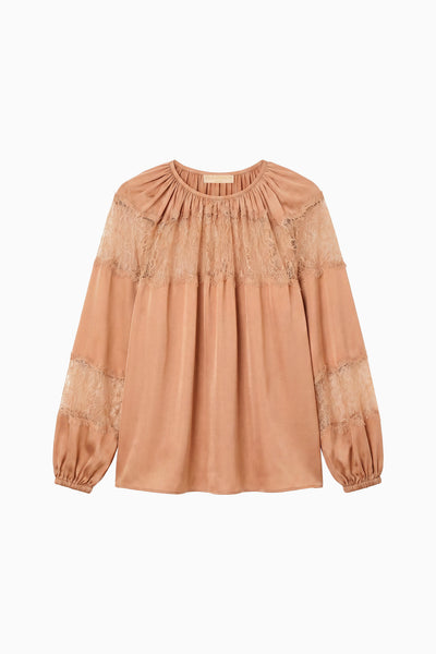 Macaroon Premium Silk Blouse with Lace Insets and Gathered Crew Neckline - Flat Lay | Ulla Johnson