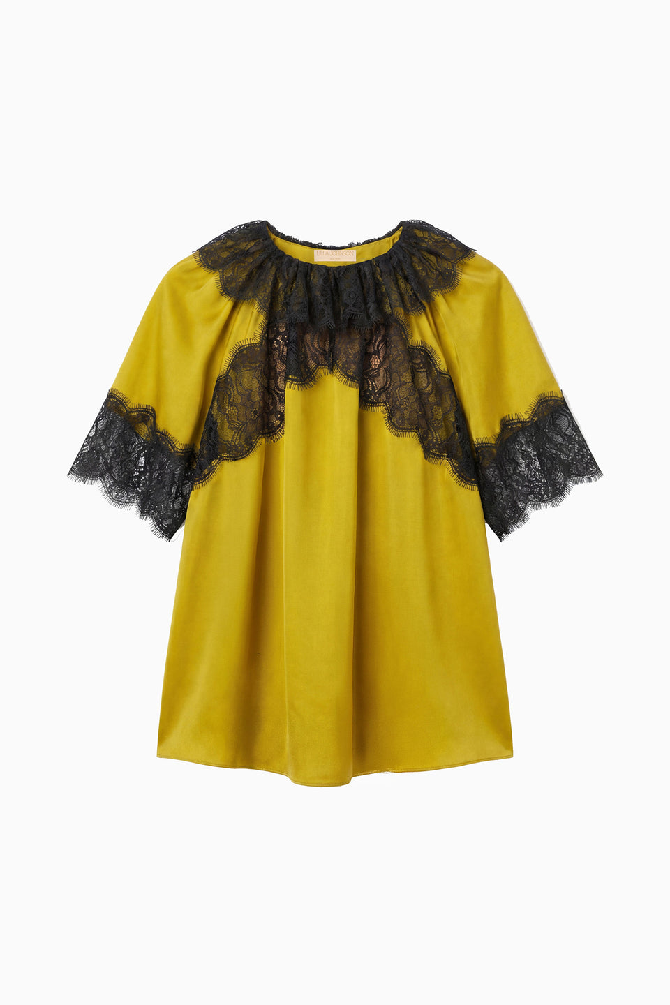 Citrine Designer Silk Twill Nina Blouse with Black Lace Trim - Flat Lay | Ulla Johnson