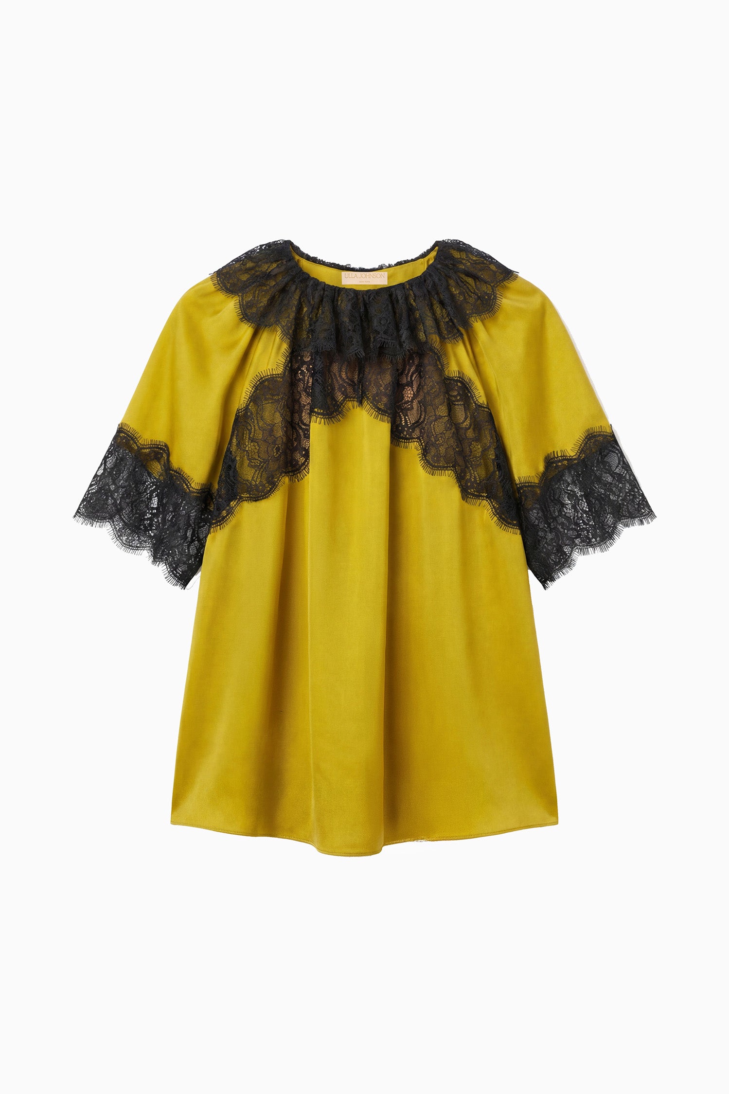 Ulla Johnson Citrine Designer Silk Twill Nina Blouse with Black Lace Trim - Flat Lay | Ulla Johnson