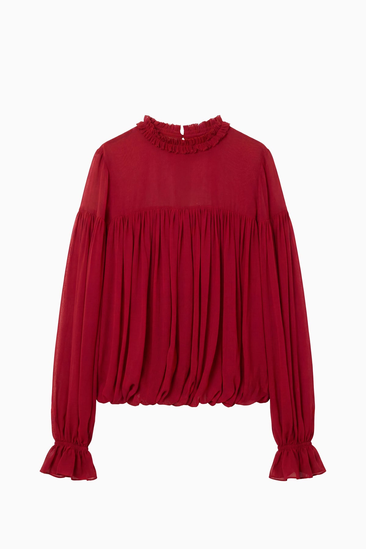 Cerise Designer Silk Chiffon Blouson Blouse Ruffled Collar - Flat Lay | Ulla Johnson