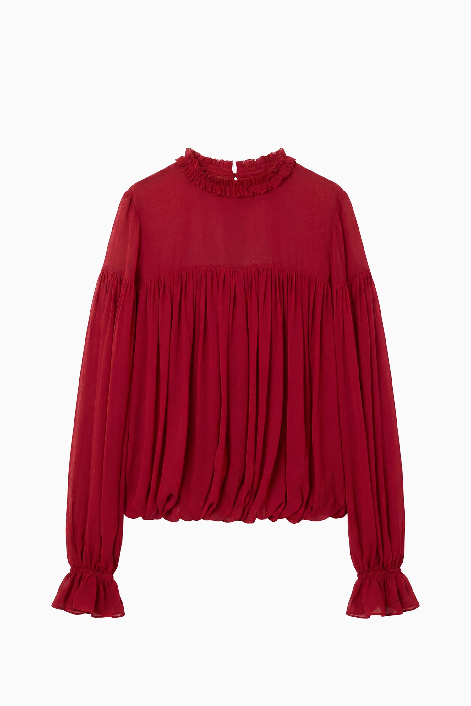 Ulla Johnson Cerise Designer Silk Chiffon Blouson Blouse Ruffled Collar - Flat Lay | Ulla Johnson
