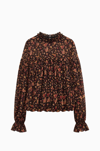 Black Floral Silk Chiffon Blouson Blouse - Flat Lay Product View | Ulla Johnson