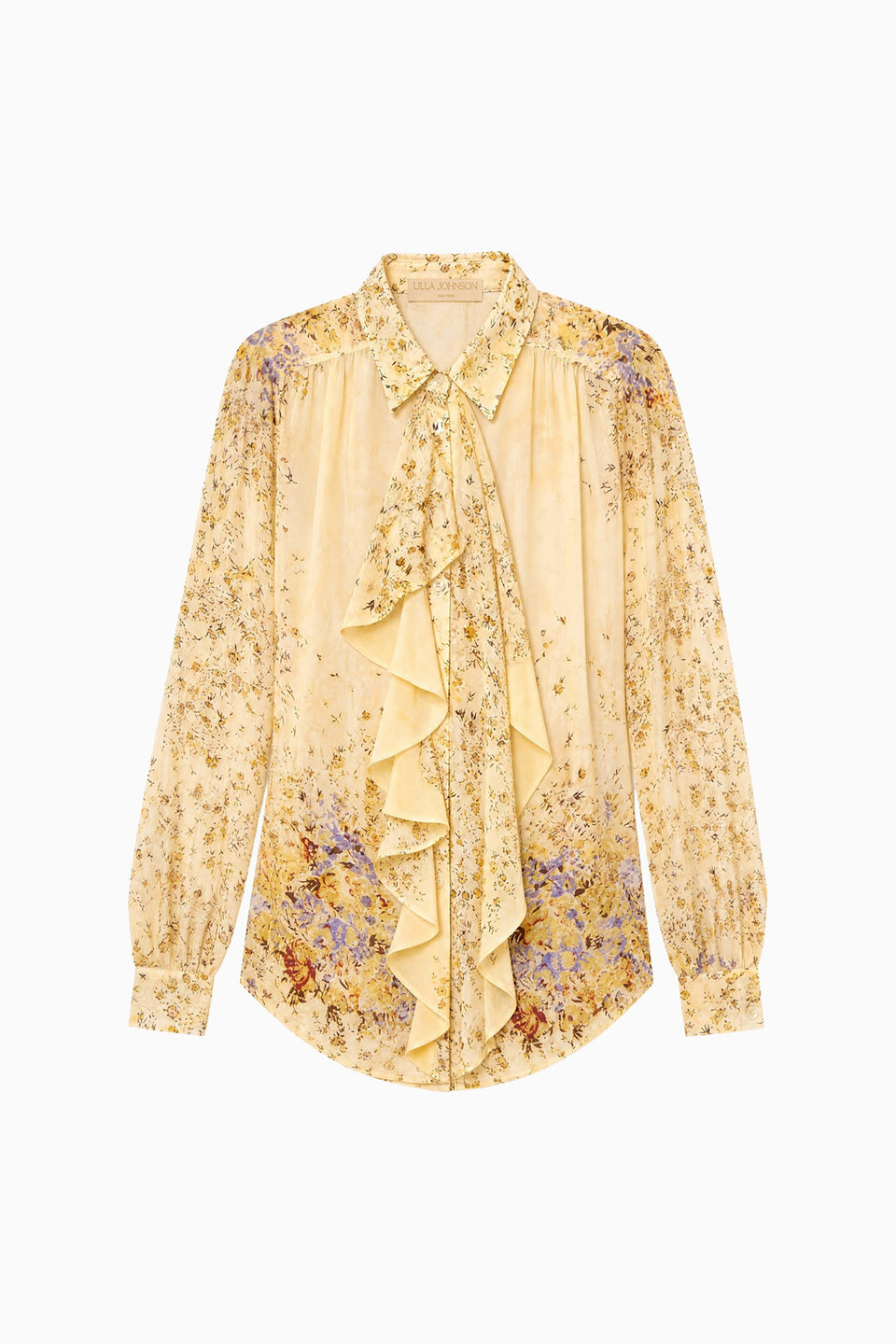 Forsythia Designer Silk Jacquard Long Sleeve Blouse - Flat Lay | Ulla Johnson