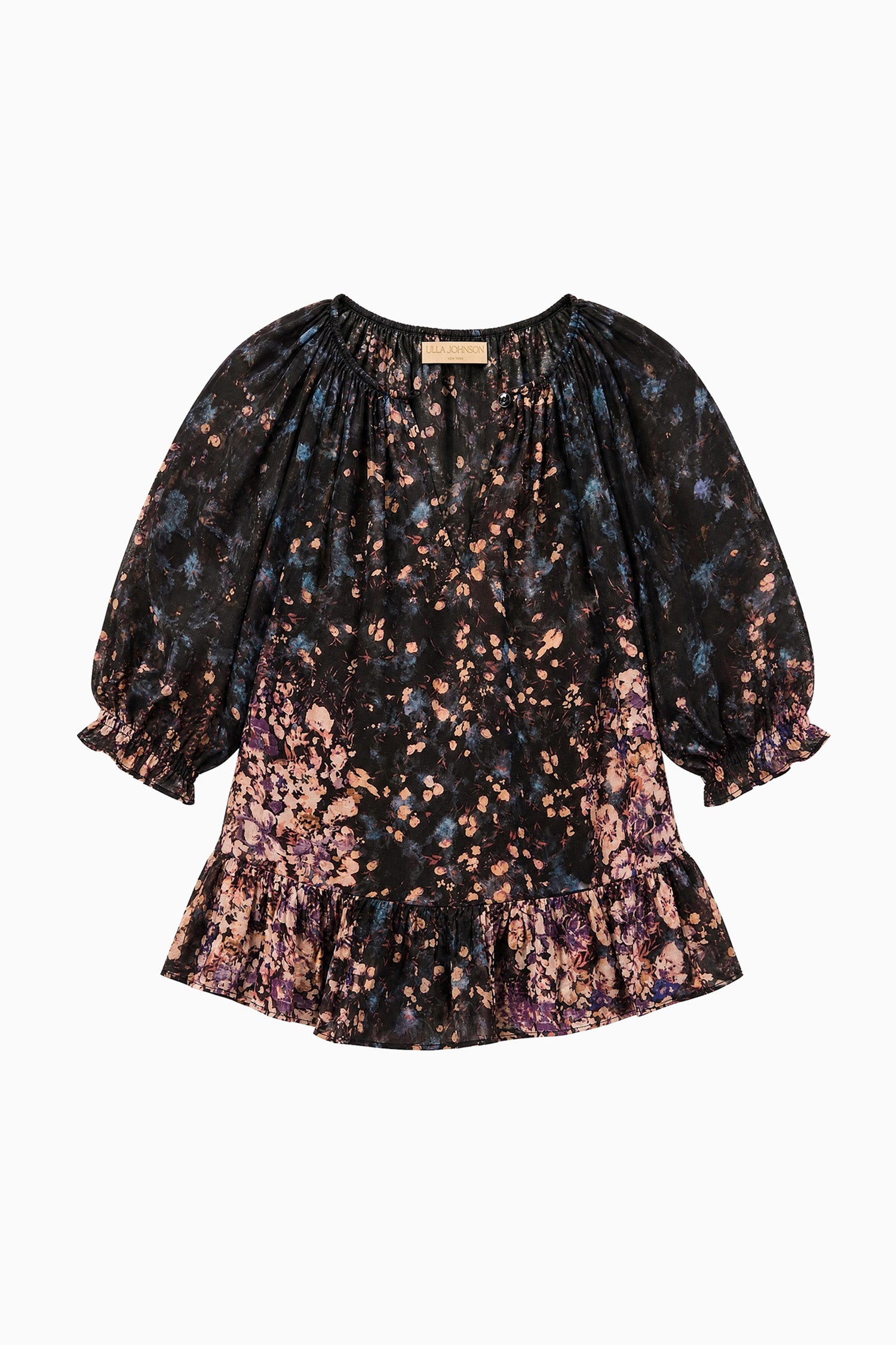 Ulla Johnson ⁣⁢Eclipse Seiden-Jacquard-Bluse, Dunkler Blumenstrauß-Print mit Rüschensaum – Flat Lay | Ulla Johnson⁤⁣