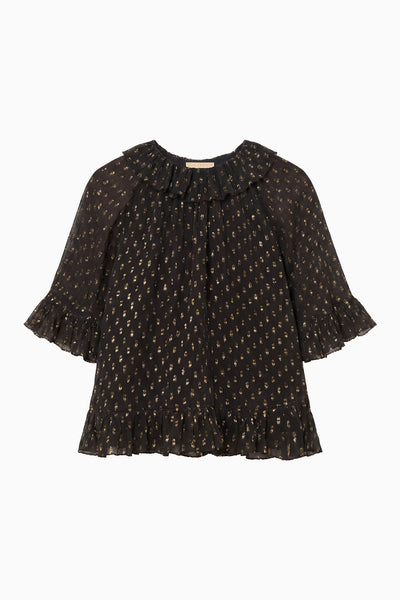 ⁣⁢Blouse Minna en mousseline de soie Noir, motif à pois en fil coupé doré, finition à volants - Posée à plat | Ulla Johnson⁤⁣