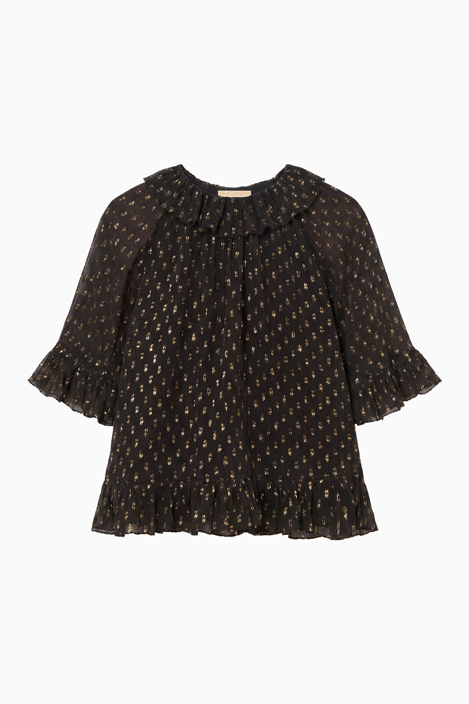Noir Luxury Silk Chiffon Minna Blouse, Gold Fil Coupé Dot Pattern, Ruffle Trim - Flat Lay | Ulla Johnson