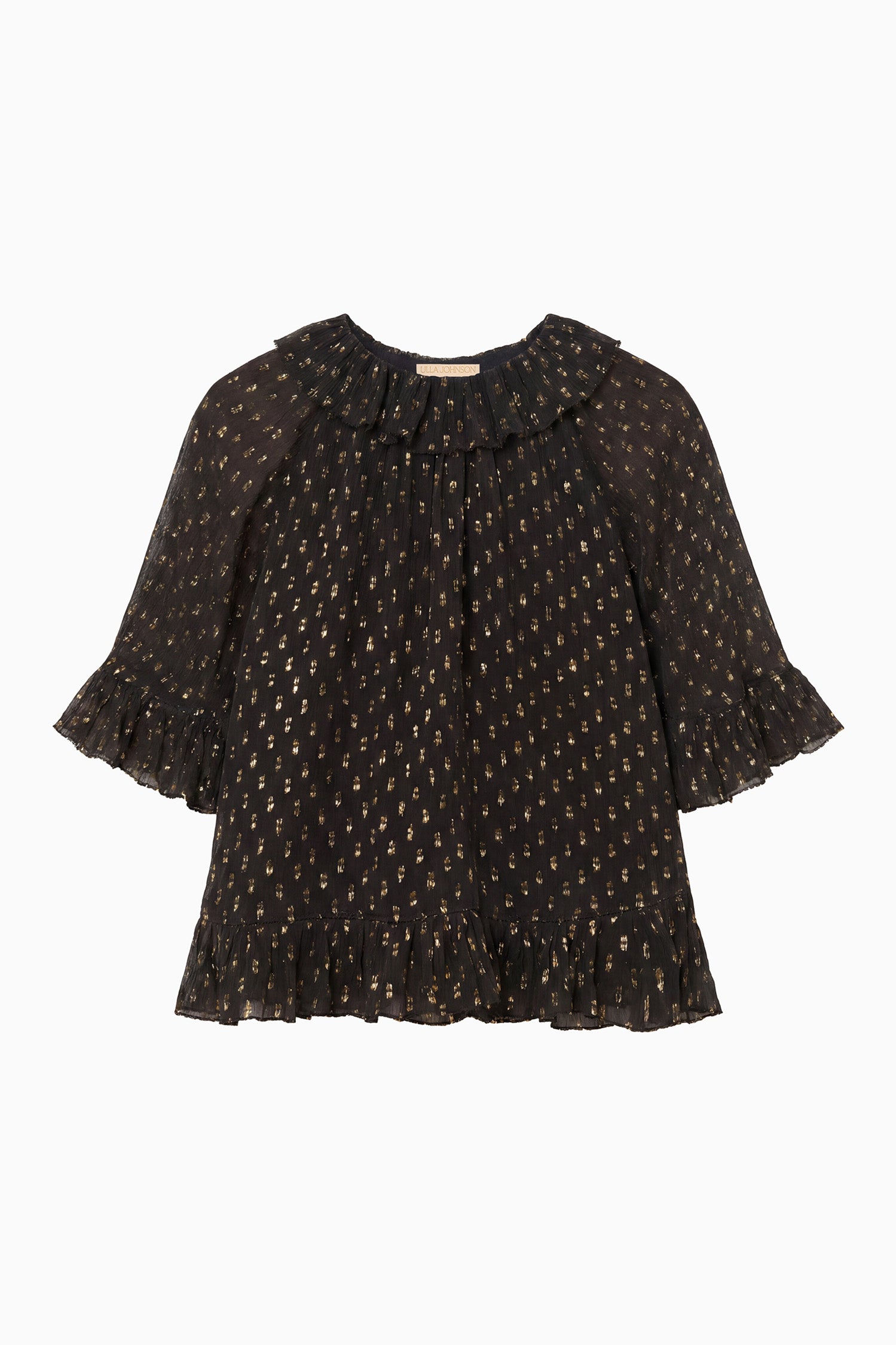 Ulla Johnson ⁣⁢Blouse Minna en mousseline de soie Noir, motif à pois en fil coupé doré, finition à volants - Posée à plat | Ulla Johnson⁤⁣