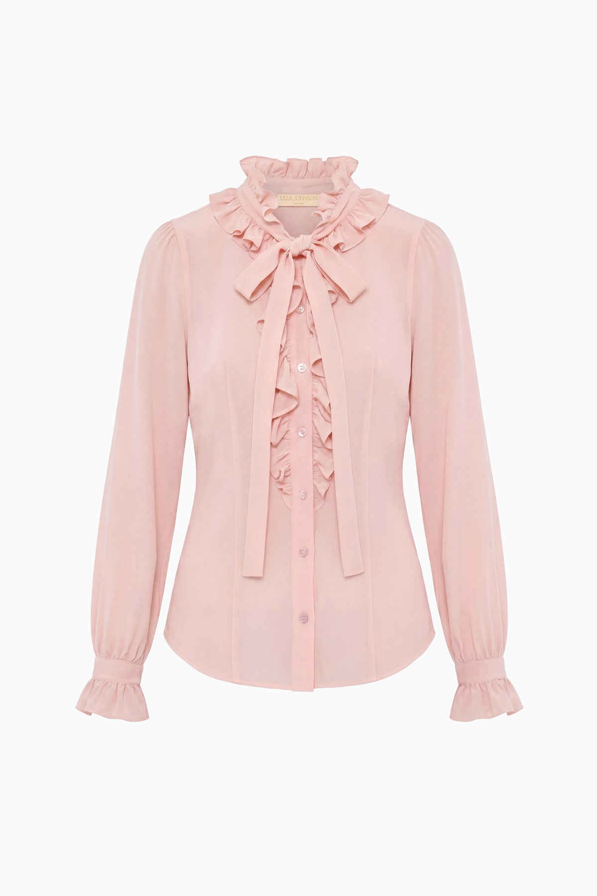 Powder Luxury Silk Blouse with Bow Tie & Ruffled Placket - Flat Lay | Ulla Johnson