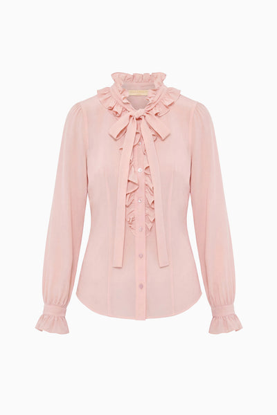 Powder Luxury Silk Blouse with Bow Tie & Ruffled Placket - Flat Lay | Ulla Johnson