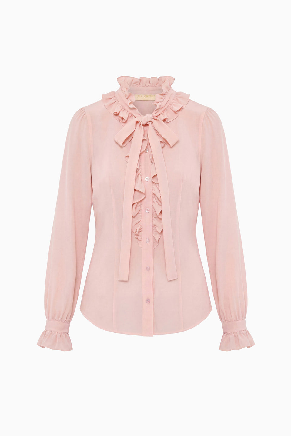 Powder Luxury Silk Blouse with Bow Tie & Ruffled Placket - Flat Lay | Ulla Johnson