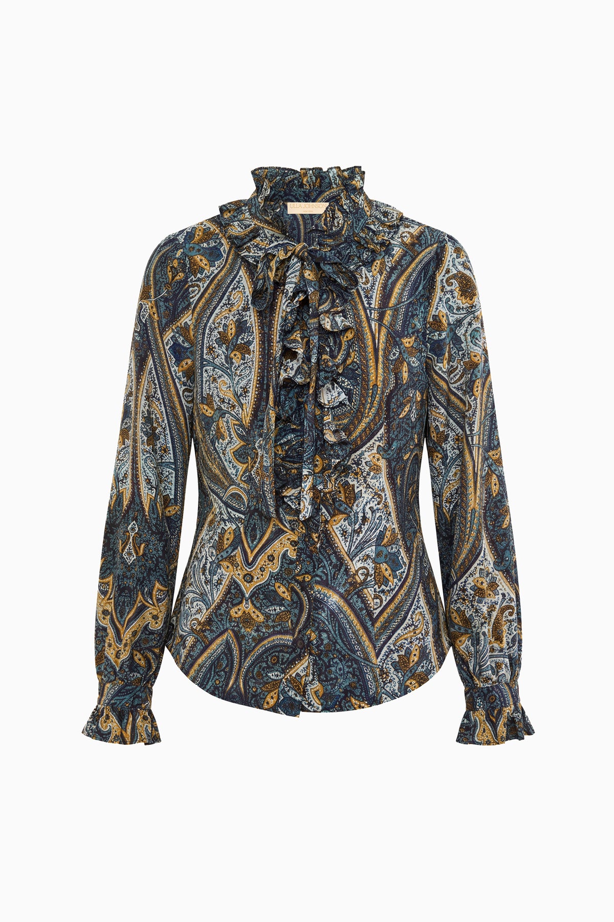 Prussian Paisley Designer Silk Crepe de Chine Blouse - Flat Lay, White Background | Ulla Johnson