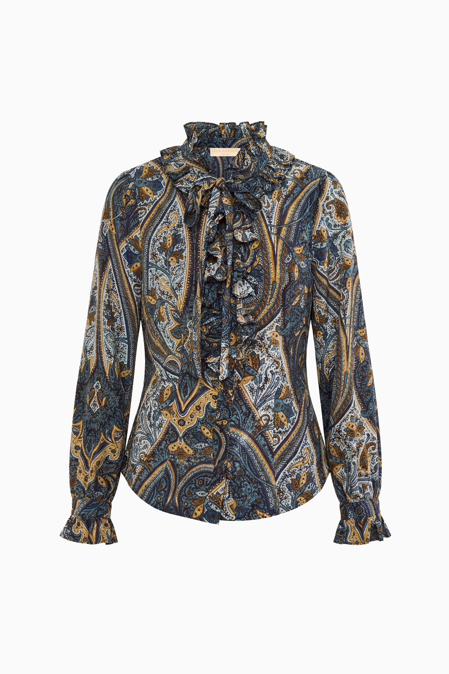 Ulla Johnson Prussian Paisley Designer Silk Crepe de Chine Blouse - Flat Lay, White Background | Ulla Johnson