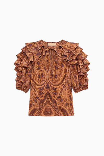 ⁣⁢Top di lusso in seta Rosette a pois con volant - Flat lay, silhouette intera | Ulla Johnson⁤⁣