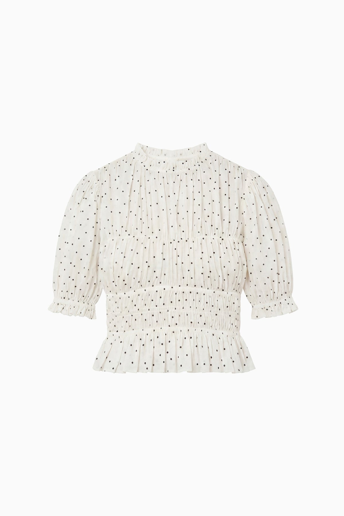 ⁣⁢Top Rae in cotone Blanc a pois a maniche corte, silhouette con peplum smock - Flat lay | Ulla Johnson⁤⁣