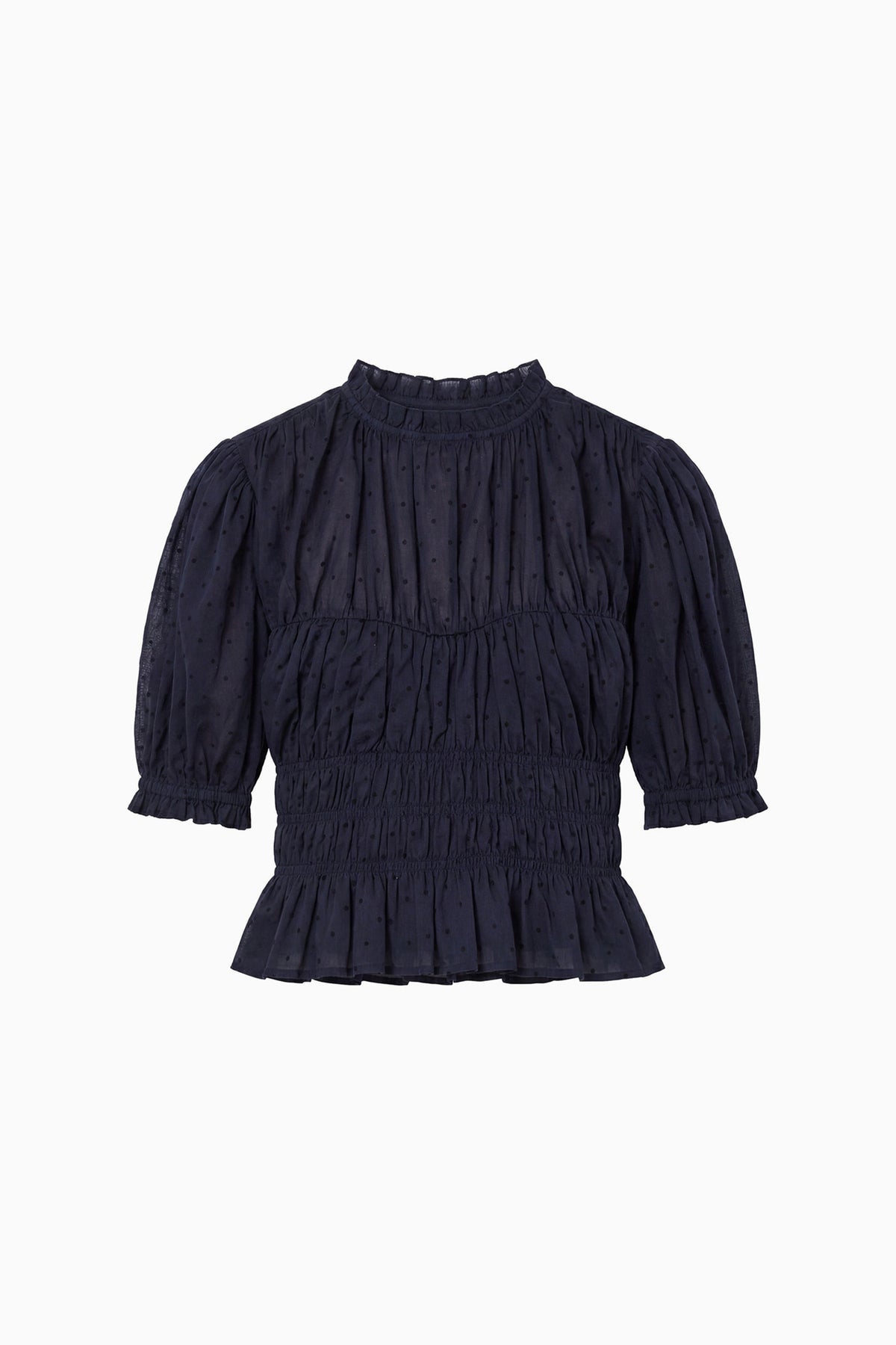 Navy 100% Cotton Smocked Waist Blouse with Ruffle Collar - Flat Lay | Ulla Johnson