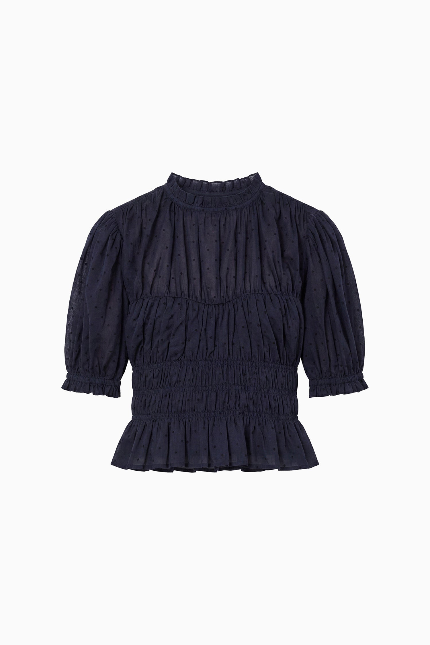 Ulla Johnson Navy 100% Cotton Smocked Waist Blouse with Ruffle Collar - Flat Lay | Ulla Johnson
