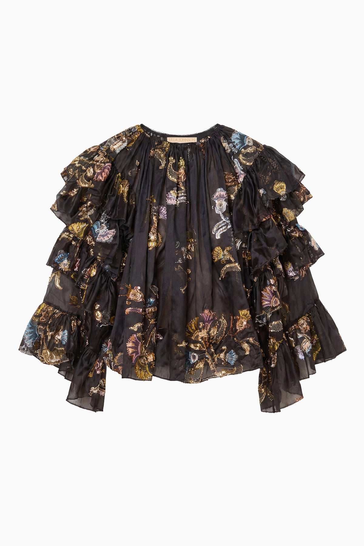 Raven Luxury Ruffled Silk Blouse with Metallic Fil Coupé Print - Flat Lay | Ulla Johnson