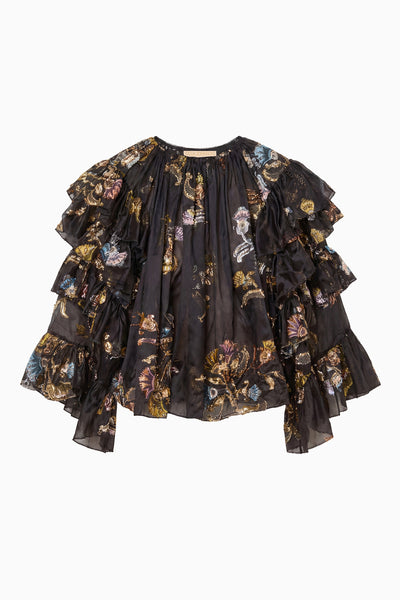 Raven Luxury Ruffled Silk Blouse with Metallic Fil Coupé Print - Flat Lay | Ulla Johnson