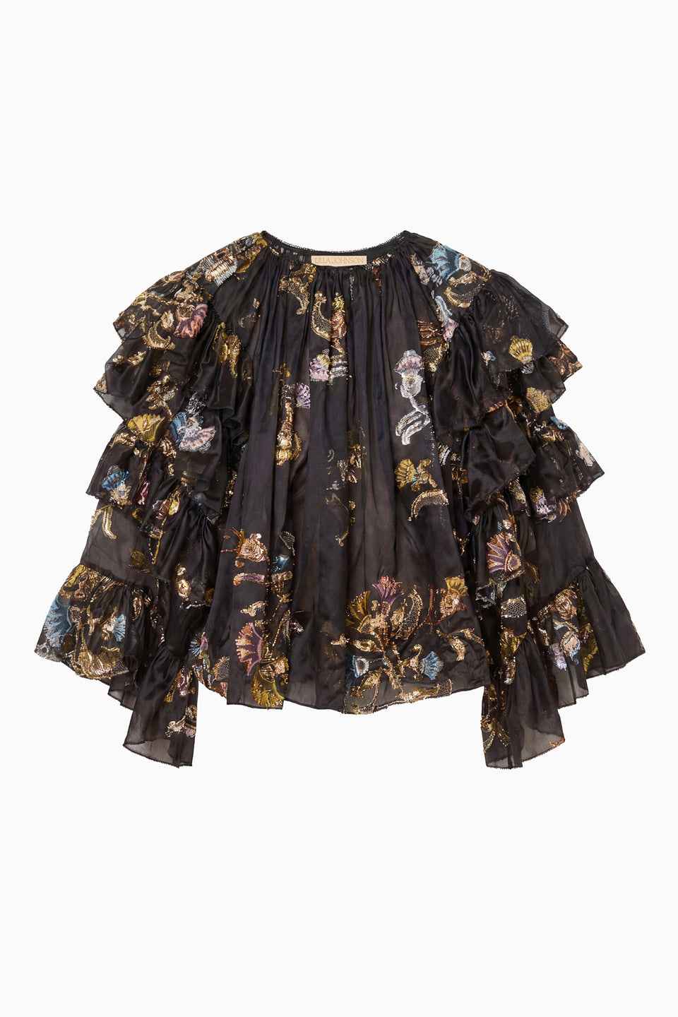 Raven Luxury Ruffled Silk Blouse with Metallic Fil Coupé Print - Flat Lay | Ulla Johnson