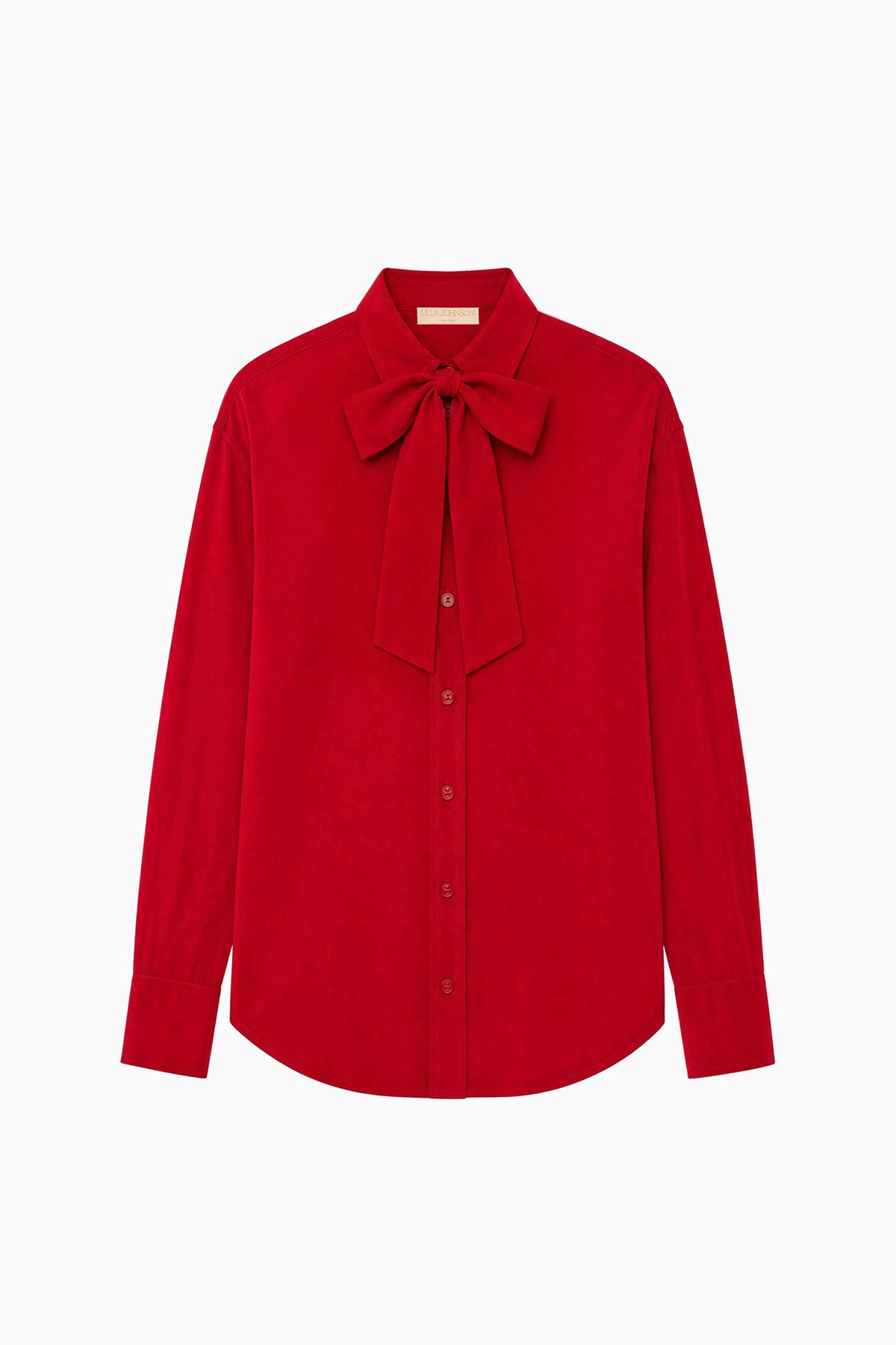 Cerise Silk Crepe de Chine Bow Blouse - Flat Lay, Front View | Ulla Johnson