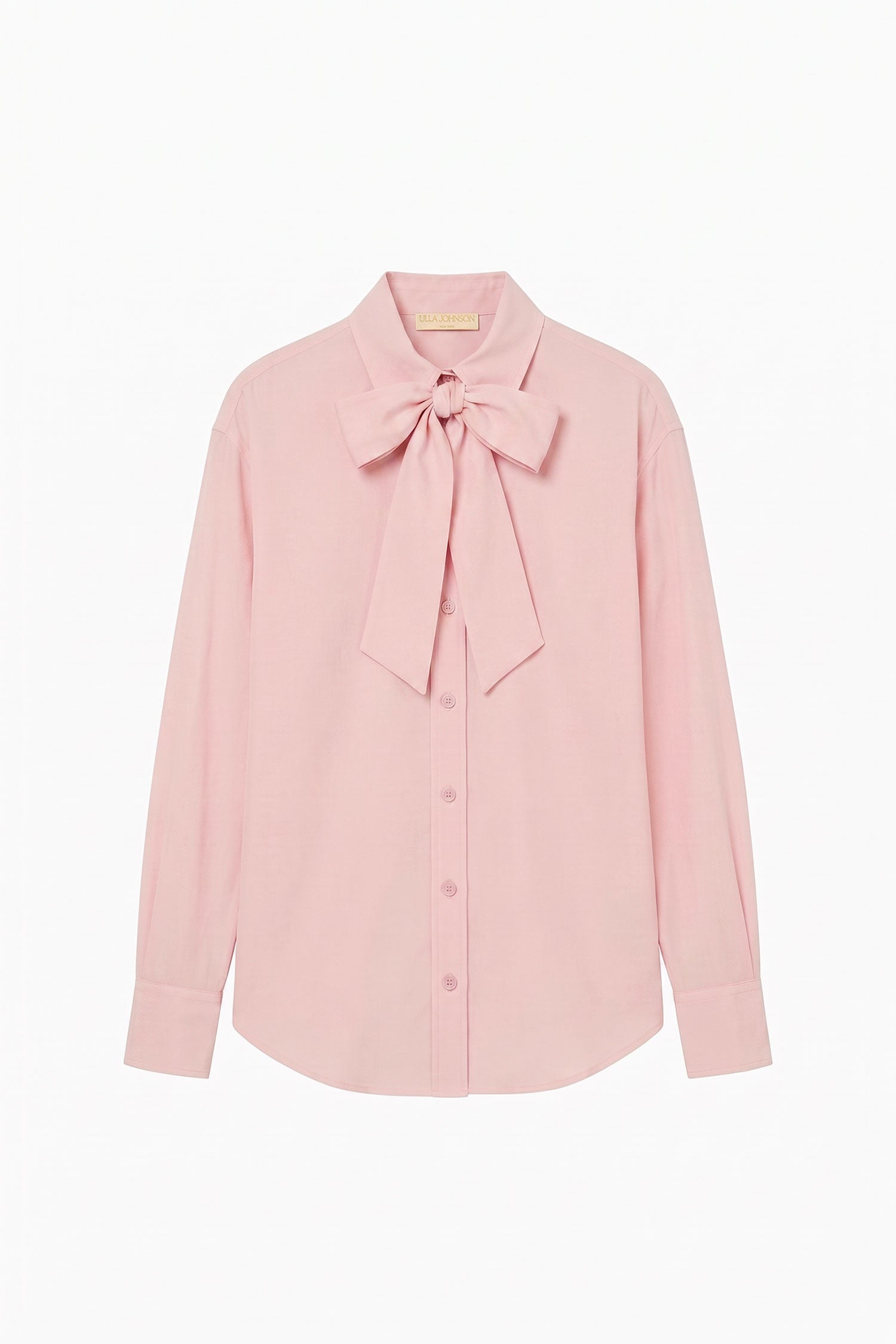 Ulla Johnson Powder Silk Crepe de Chine Blouse - Flat Lay, Designer Bow-Tie Button-Front | Ulla Johnson