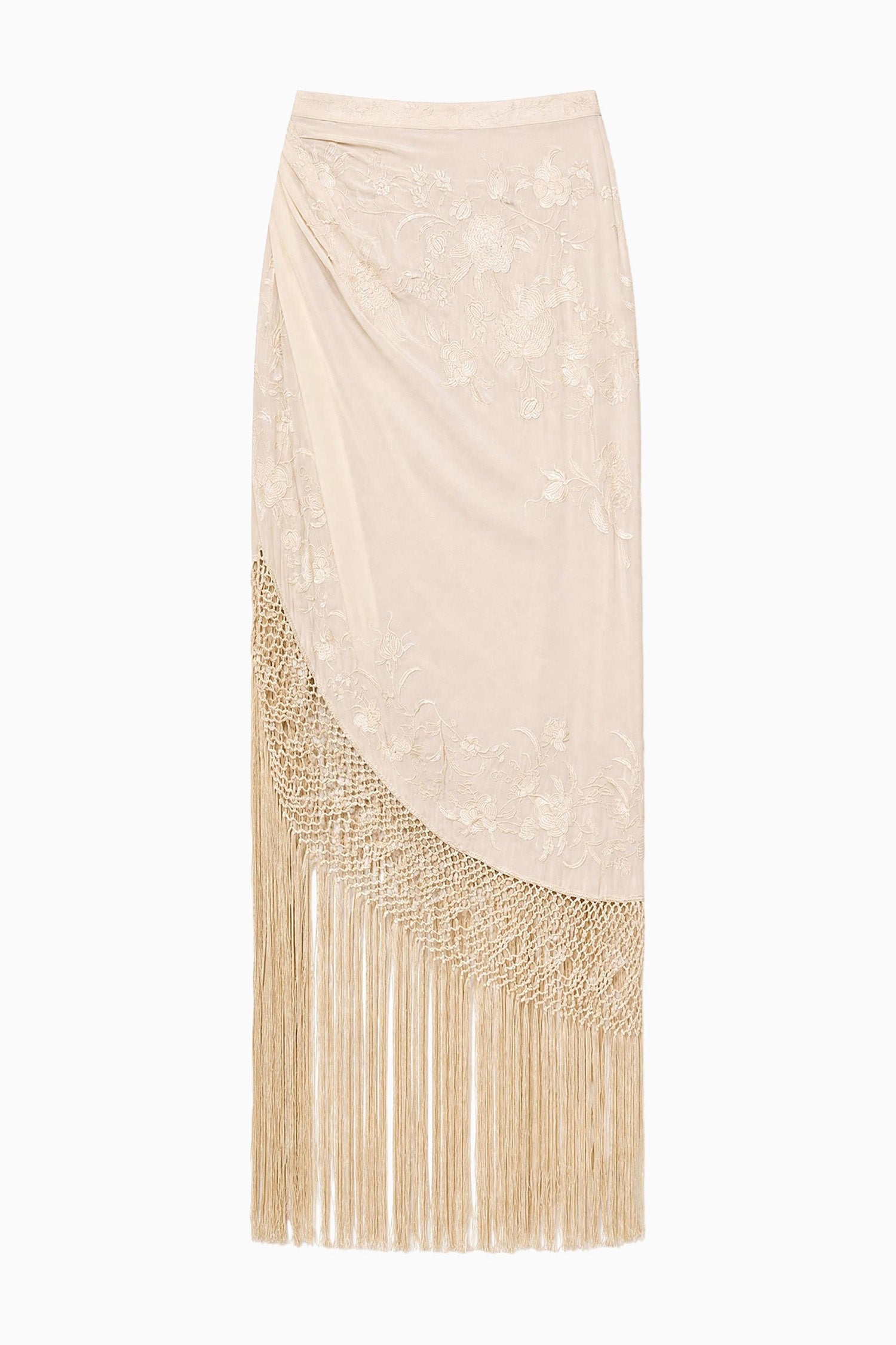 Ulla Johnson Creme Designer Silk Fringe Skirt - Flat Lay, Floral Embroidery Detail | Ulla Johnson