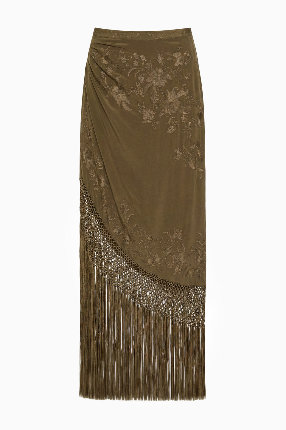 Malachite Luxury Silk Fringe Skirt - Flat View with Macramé Hem Detail | Ulla Johnson