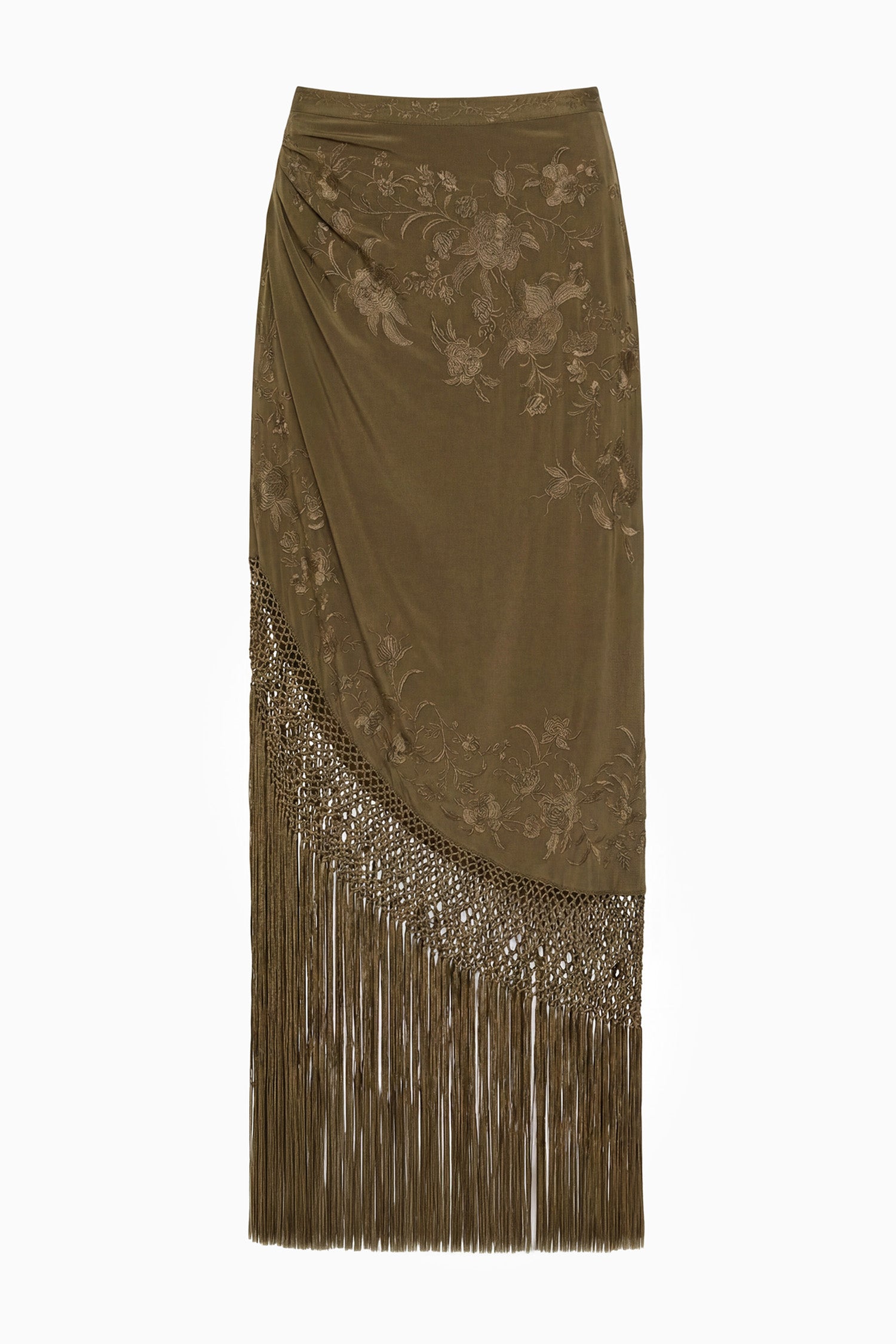 Ulla Johnson Malachite Luxury Silk Fringe Skirt - Flat View with Macramé Hem Detail | Ulla Johnson