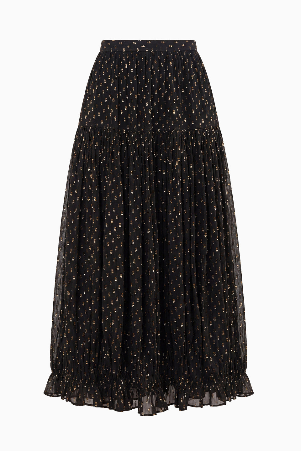 Noir Luxury Silk Skirt - Flat Lay, Gold Fil Coupé Dot Motif, Tiered Pleats | Ulla Johnson