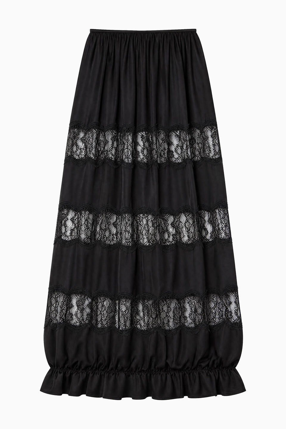 Black Silk Lace-Insert Midi Skirt - Flat Lay, Designer Silk Skirt Noir | Ulla Johnson