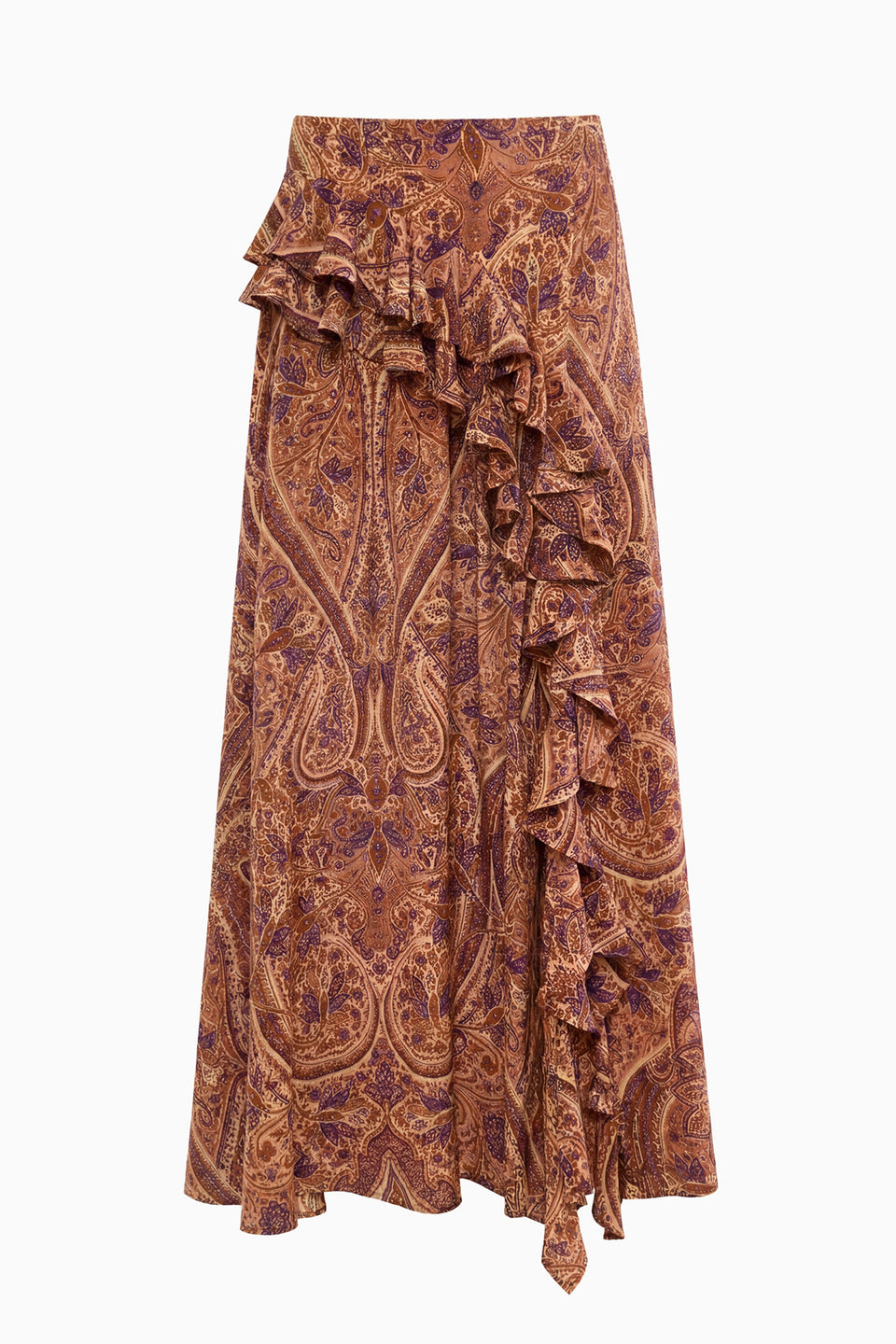 Rosette Paisley Print Silk Riele Cascading Ruffle Midi Skirt - Flat Lay | Ulla Johnson
