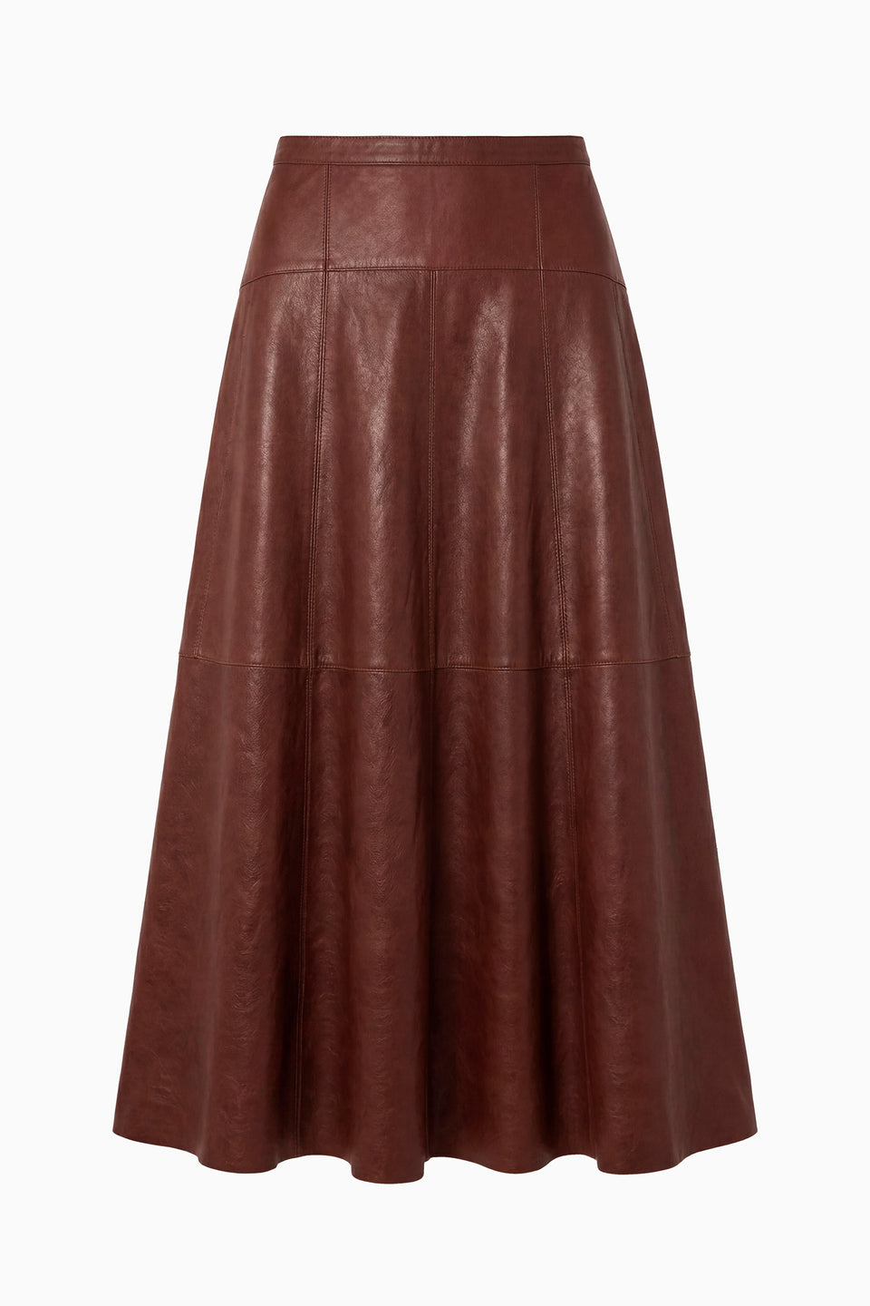 Cognac Premium Lambskin Leather Paneled A-Line Midi Skirt - Flat View | Ulla Johnson