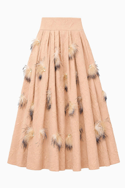 Almond Cloque Pleated Midi Skirt with Feather and Crystal Embellishment - Flat View | Ulla Johnson