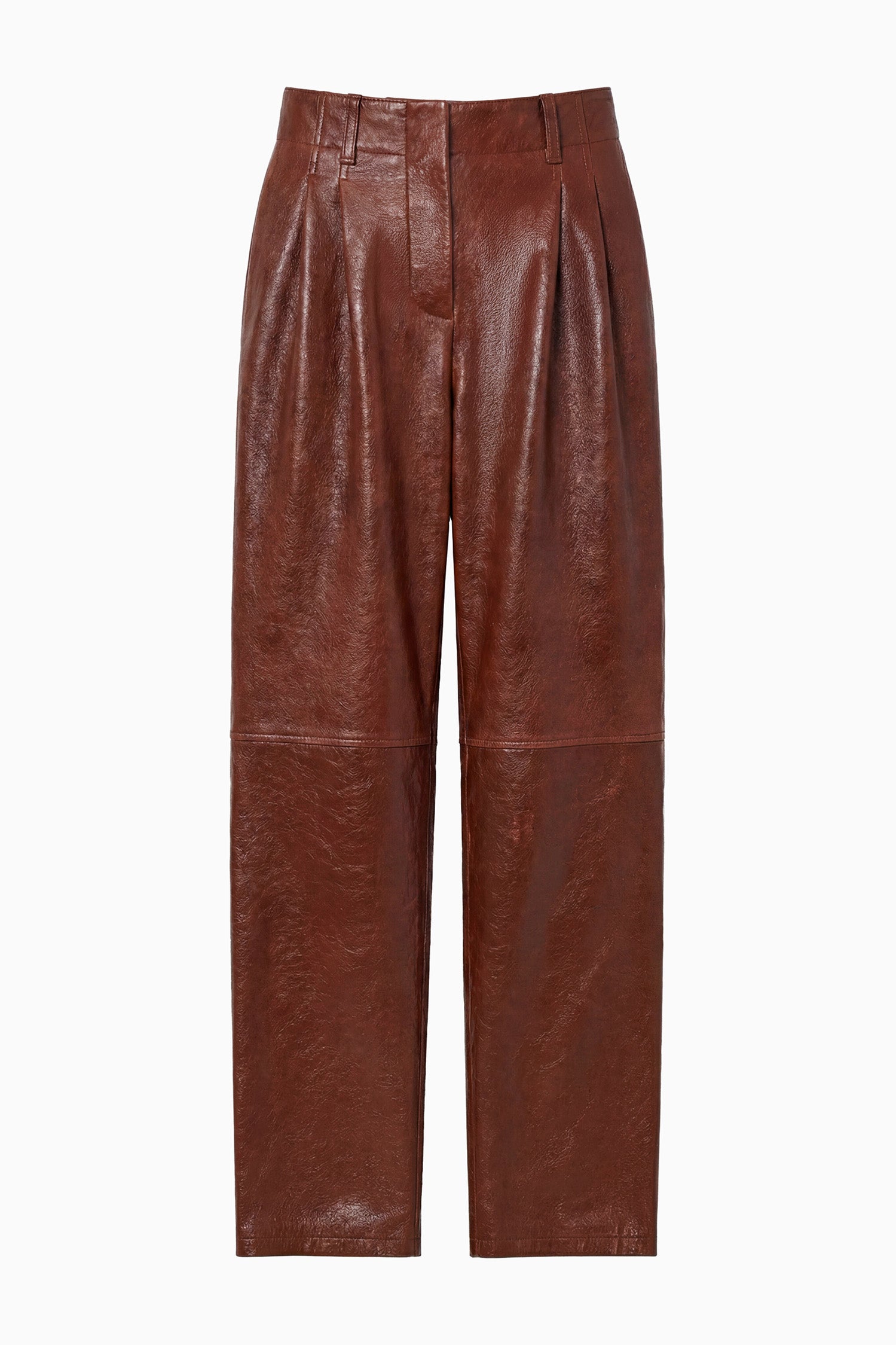 Ulla Johnson Cognac Glossed Lambskin Leather Trouser - Flat Lay, Luxury Designer Pants | Ulla Johnson