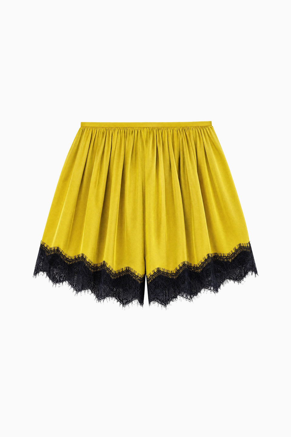 Citrine Silk Twill Georgina Short with Black Chantilly Lace Hem - Flat Lay Product View | Ulla Johnson