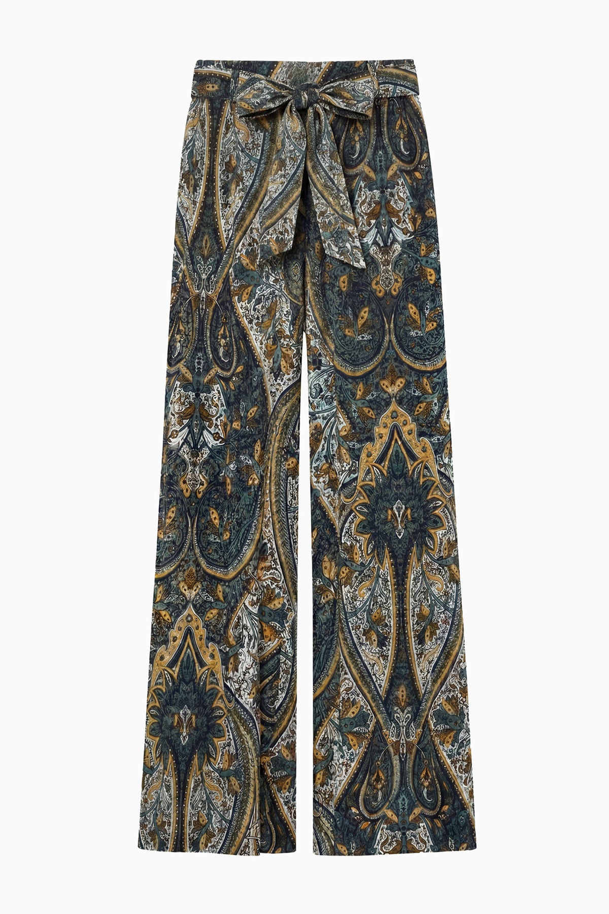 Prussian Paisley Designer Silk Wide Leg Pant with Self-Tie Belt - Flat Lay | Ulla Johnson