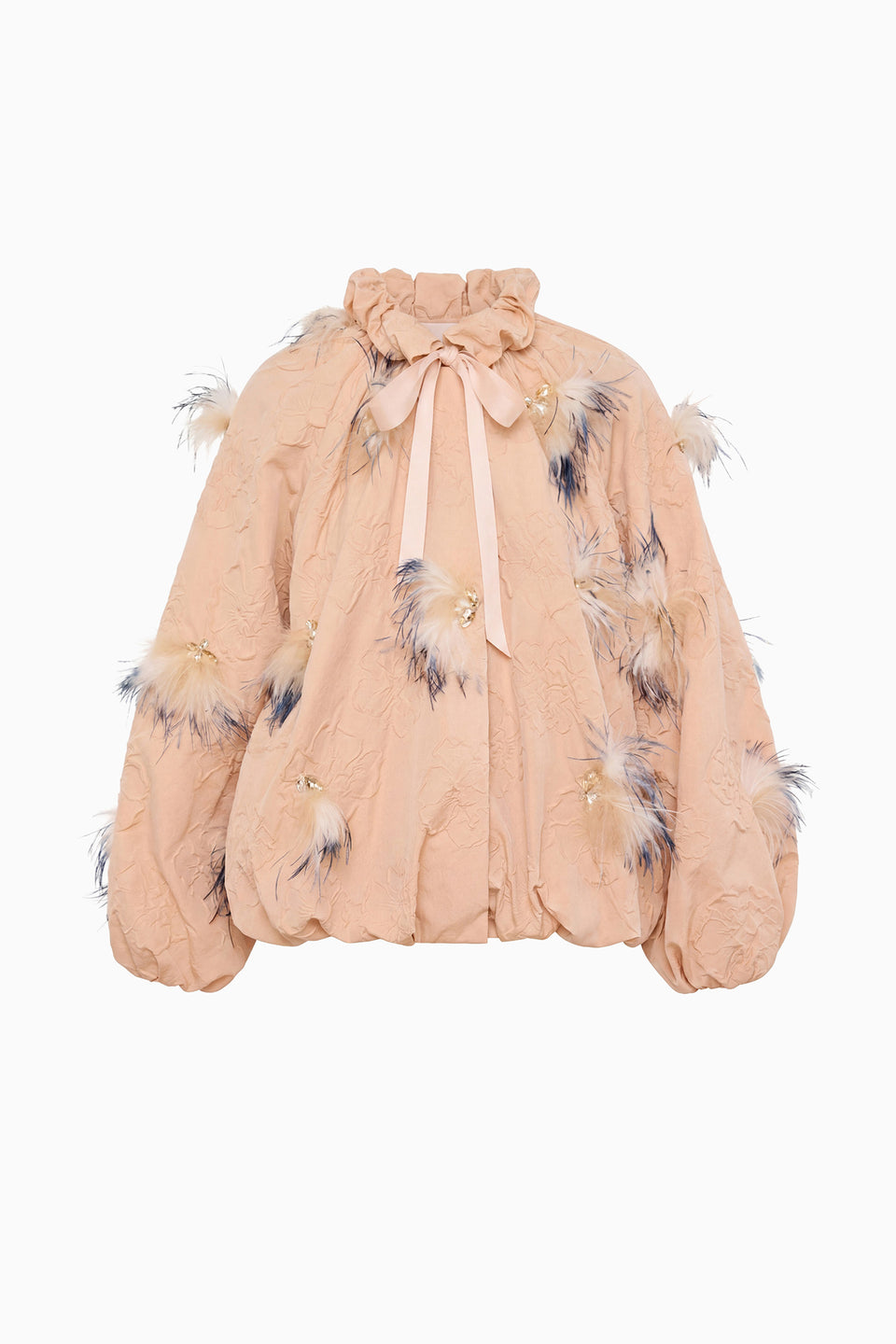 Almond Cloque Nylon Jacket with Feather Embellishments - Flat Lay, Luxury Designer | Ulla Johnson