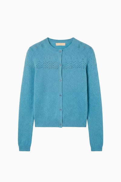 Cerulean Cashmere Cardigan with Pointelle Yoke - Flat Lay Product Shot | Ulla Johnson