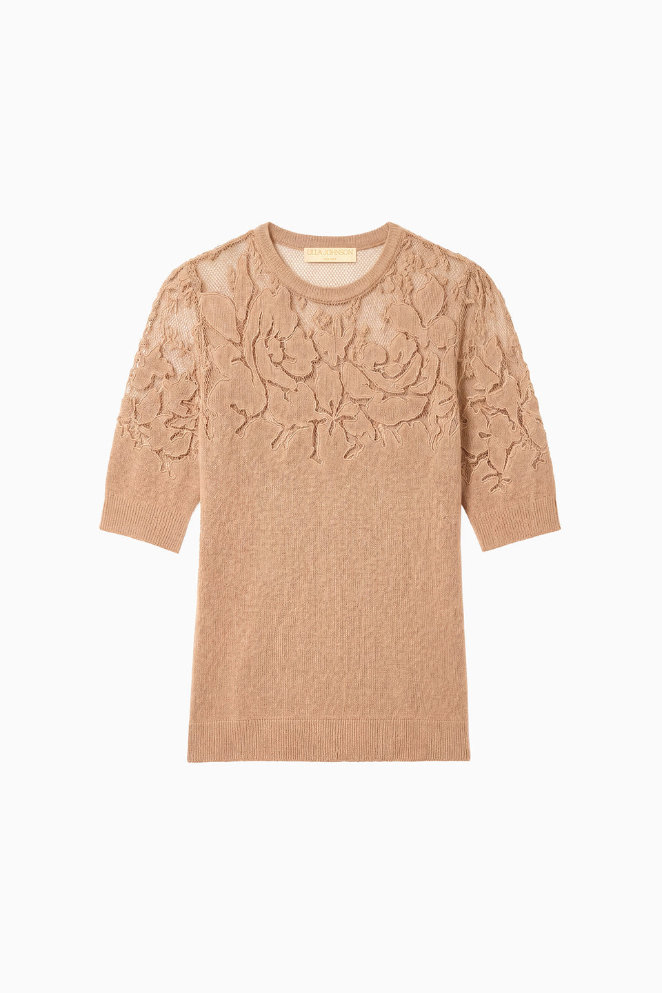 Almond Merino Wool Short Sleeve Lace Top - Flat Lay Front View | Ulla Johnson